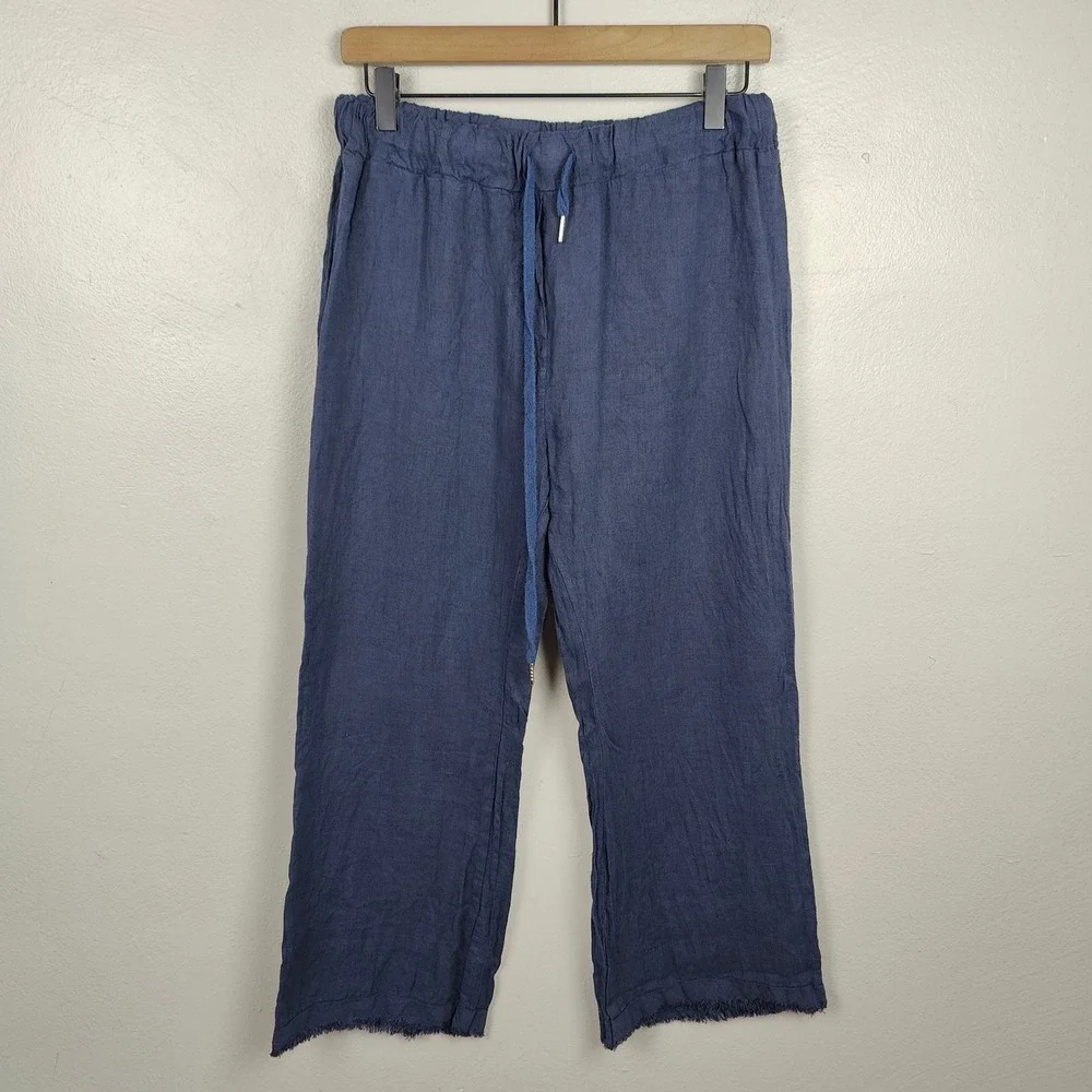 Meo‎ Meo Linen Wide Leg Pants Womens One Size Cropped Raw Hem Navy Blue Beachy - Picture 2 of 8